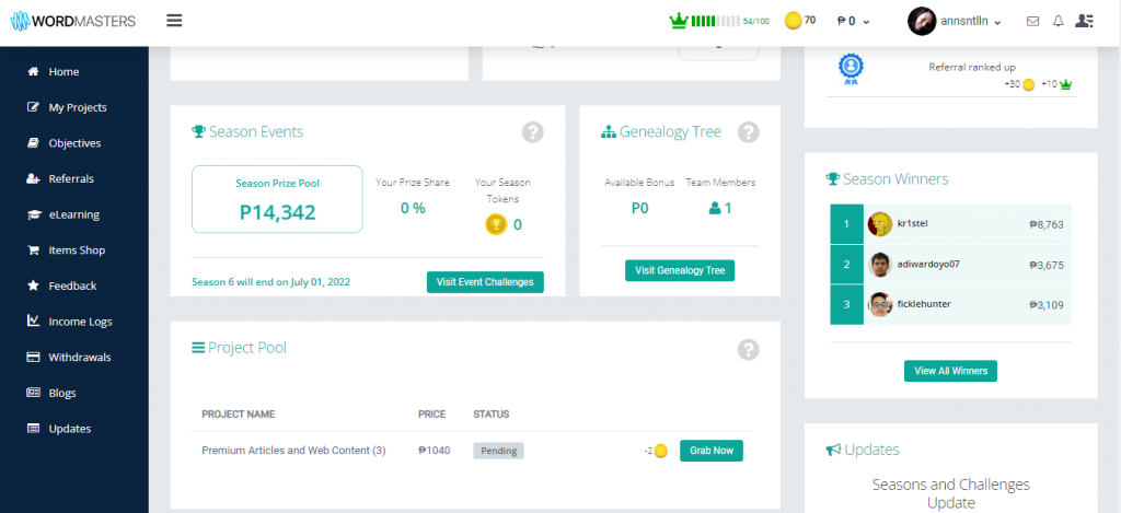 wordmasters dashboard